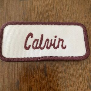 Calvin Name Patch Embroidered White & Brown Iron-On Personalized Uniform Tag
